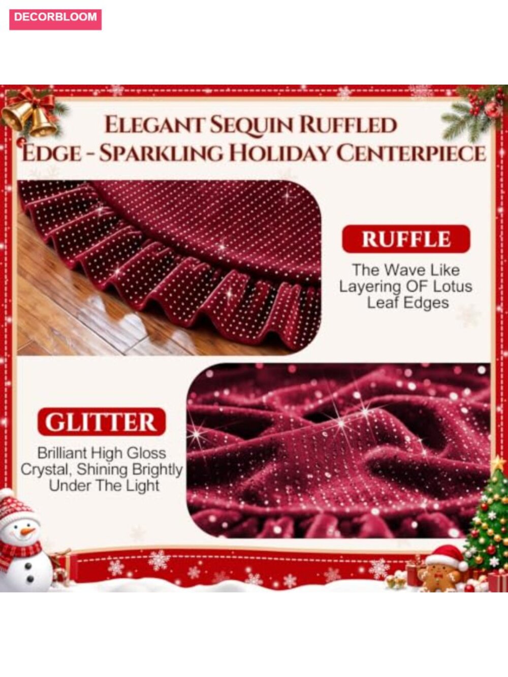 Velvet Christmas Tree Skirt 60 Inch Ruffled Glitter Rhinestone - Picture 3 of 6